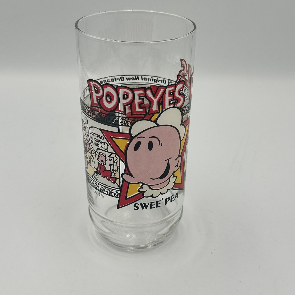 Popeyes Famous Fried Chicken Glass 1979 Swee'Pea Vintage Promotional Tumbler 6in